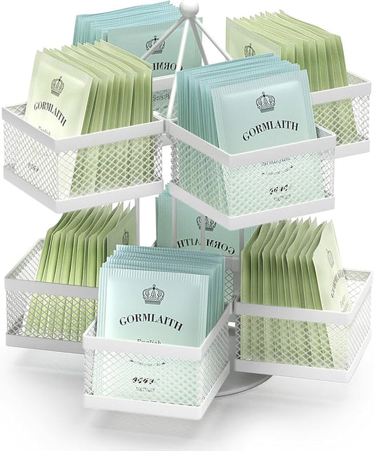 Tea Bag Organizer, Tea Bag Storage Holder Spinning Carousel 96 Teabags Container, Lazy Susan Coffee Creamer Sweetener Tea Caddy for Kitchen Counter Cabinet Pantry Shelf Organizer