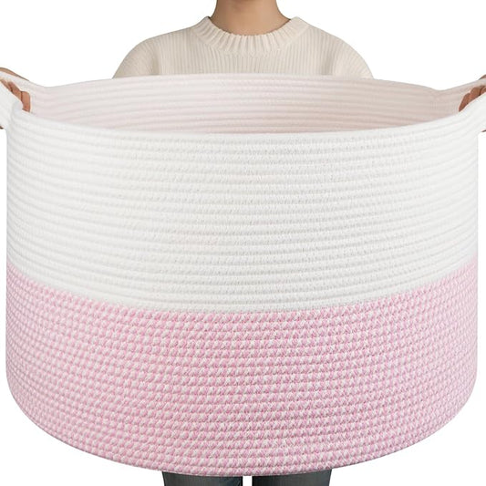 OIAHOMY 90L XXXLarge Blanket Basket for Living Room, 21.7" x 13.8" Woven Cotton Rope Laundry Basket for Organizing Pillows, Decorative Stuffed Animal Toy Storage for Nursery, White and Pink