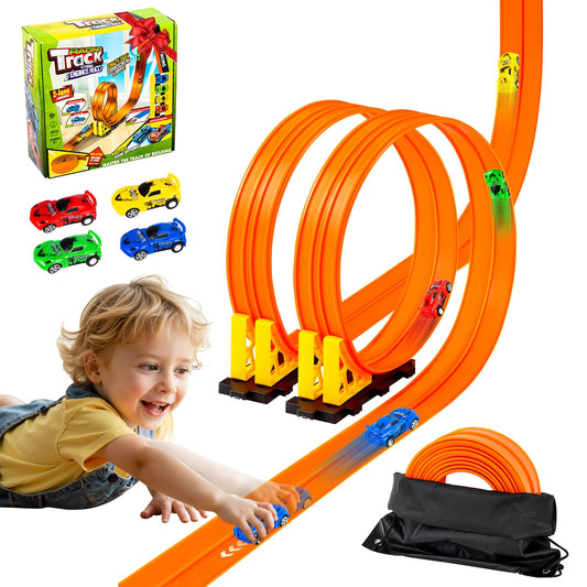 16.4 Ft Flexible Race Track for Kids Outdoor Toys Portable DIY Roll-Up Flex Race Car Track Compatible with Diecast 1/64th Cars Birthday Gifts Easter Basket Stuffers for Kids Boys Girls Ages 3+