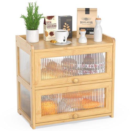BAMBANG Extra Large Bamboo Bread Box for Kitchen Counter, Double Layer Bread Storage Container Farmhouse Bread Box with 4 Sides Transparency, Breadbox Bin Holder for Homemade Bread, Natural