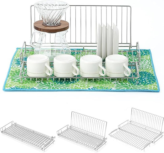 Collapsible Dish Drying Rack with Green Drying Mat, Small Expandable Dish Drying Rack, Compact Dishes Drying Rack for Kitchen Counter - Foldable, Stainless Steel, Silver