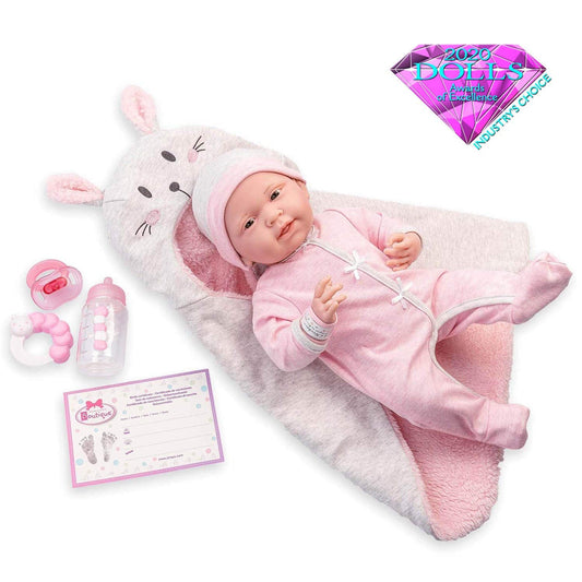 JC Toys - La Newborn Nursery | 8 Piece Bunting Soft Body Baby Doll Gift Set | 15.5" Life-Like Soft and Posable Newborn Doll with Accessories | Pink Bunny| Ages 2+ (18789)