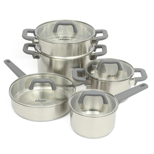 Oster Beauford 9-Piece Stainless Steel 5-Ply Encapsulated Base Cookware Set – Non-Toxic, Induction Compatible Pots and Pans with Stay-Cool Handles – Dishwasher Safe