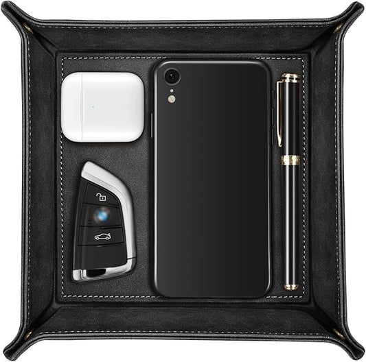 SITHON Valet Tray Desktop Storage Organizer – Premium PU Leather Catchall Bedside Vanity Tray Nightstand Caddy Holder for Keys, Phone, Wallet, Coin, Jewelry, Valentine's Day Gift, Black