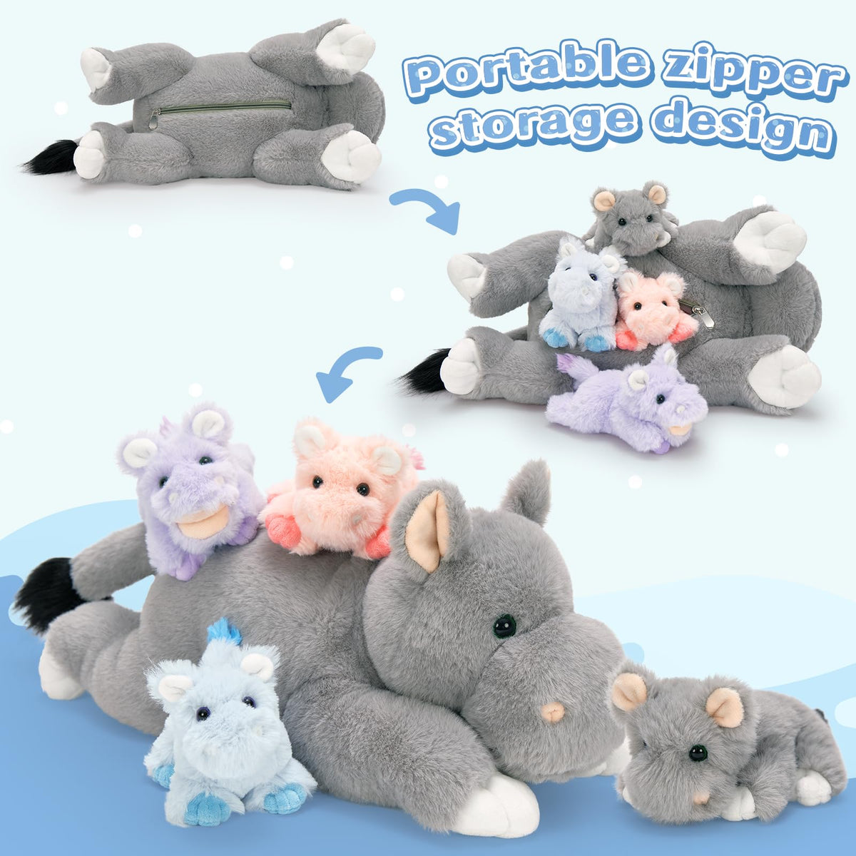 Tezituor 5Pcs Hippo Stuffed Animals Toy with Babies, 16'' Large Mommy Stuffed Hippo Plushies with 4 Cute Babies, Cute Hippopotamus Plush Body Pillow for Boys Girls