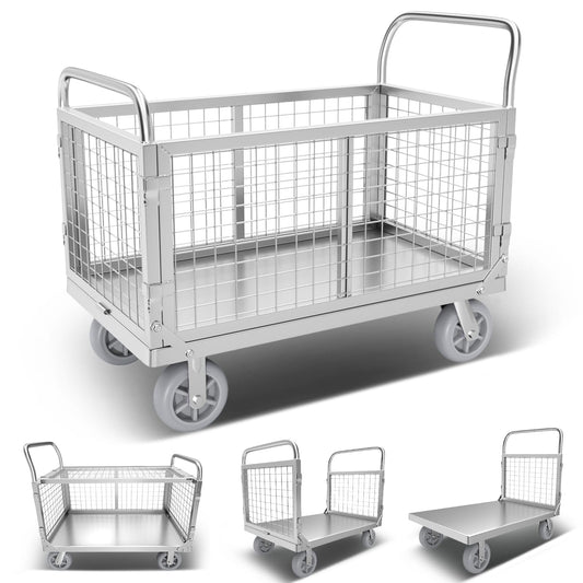 2000lbs Capacity Platform Truck Cart with Cage 6-in-1 Multi-Purpose Flatbed Cart 39"x24" Foldable Heavy Duty Push Cart Dolly W/Swivel Wheel & Rmovable Side for Groceries, Garage, Warehouse, Laundry