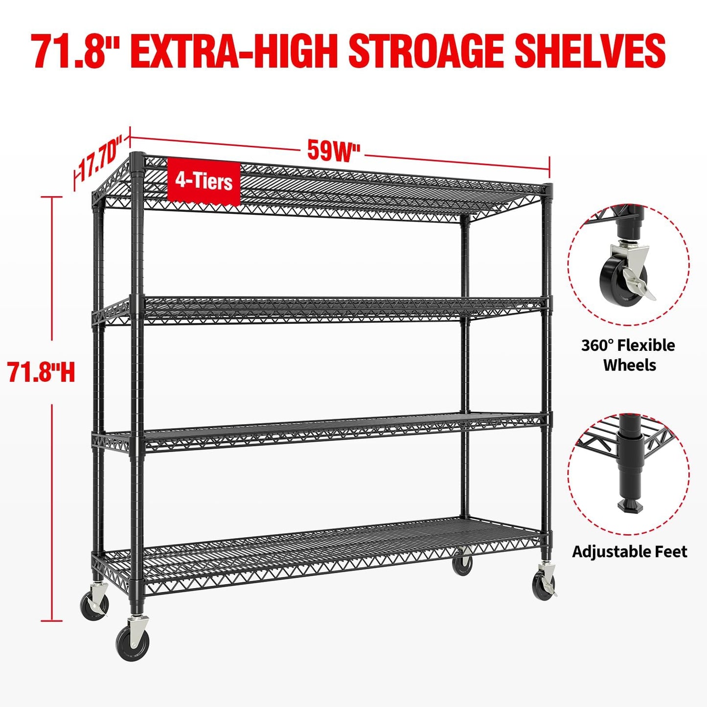 72" H x 59" W x 18" D Storage Shelves with Wheels, 4 Tier Adjustable Wire Shelving Unit, 2640 Lbs Capacity Heavy Duty Metal Storage Rack for Garage, Pantry, Kitchen, Warehouse, Commercial Use