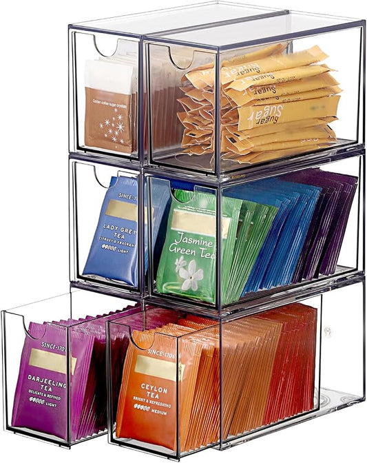 ELLDOO 6 Drawers Tea Bag Organizer, Clear Acrylic Stackable Tea Bag Storage Holder for Kitchen Pantry, Coffee Pod Snack Storage for Countertop Cabinet