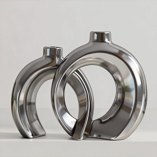 Set of 2 Silver Ceramic Vases for Home Decor Accents - Unique Hollow Donut Artistic Design Modern Contemporary Glam Style Decorative Vases for Shelf, Mantel, Entryway Table Decor (Matte Silver)