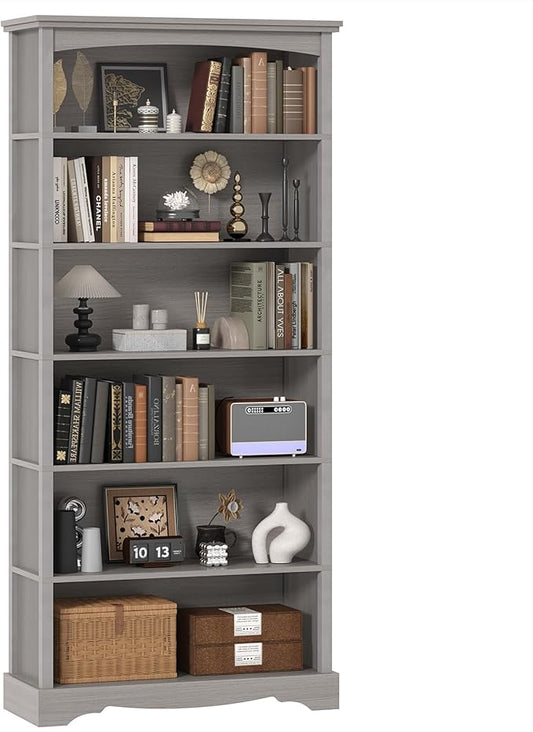 TVU 6-Tier Wooden Bookshelf, 76 Inch Tall Bookshelf with Storage, Floor Standing Modern Style Display Bookcase for Living Room, Office, Study Room, Entryway, Grey