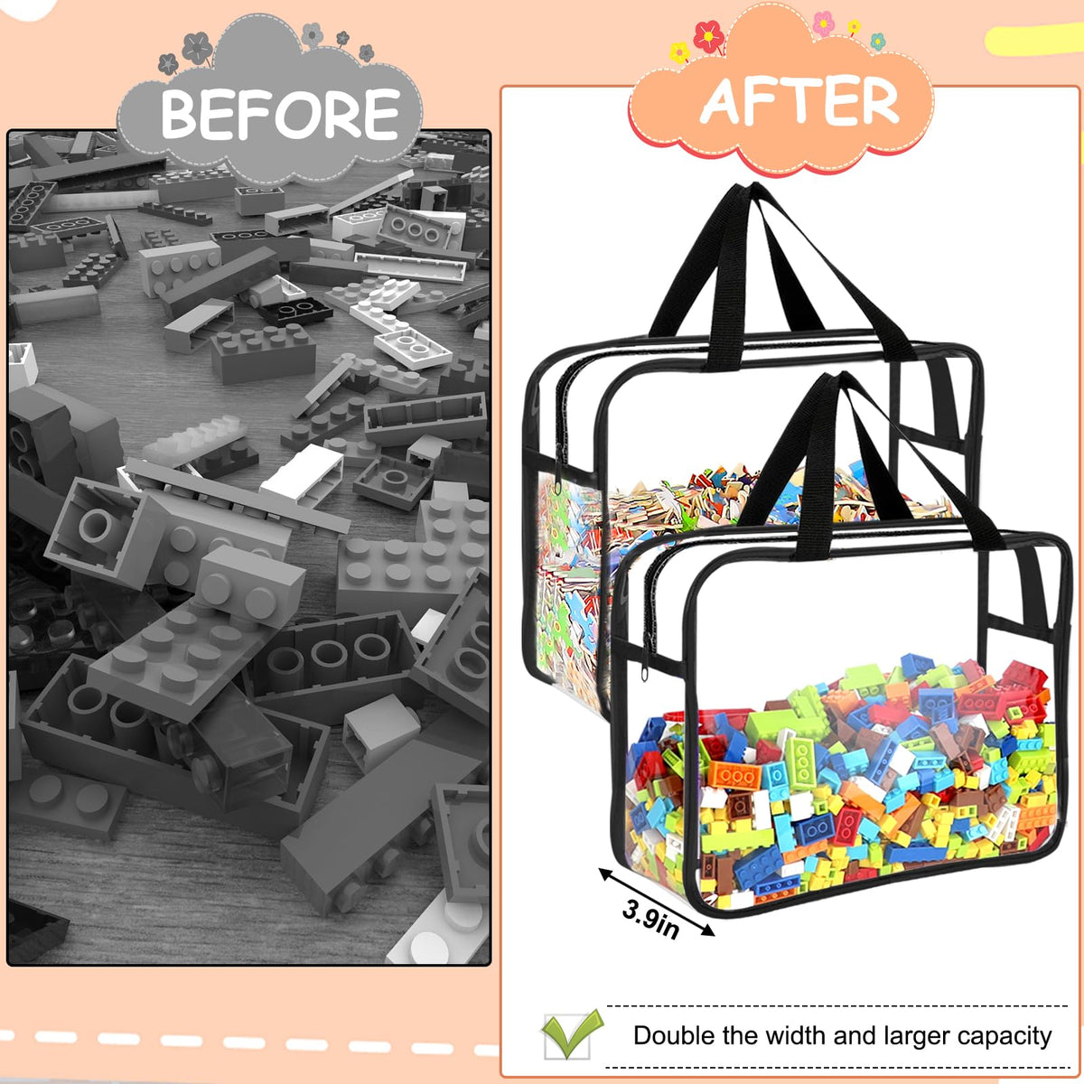 6 Packs Large Toy Storage Bags with Labels, Reusable Clear PVC Board Game Storage, Travel Waterproof Organizer Bags with Zipper for Building Blocks, Puzzle, Kids Books