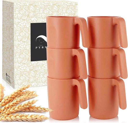 PYRMONT Wheat Straw Cups 16 Oz Alternative Plastic Cups With Handle Dishwasher & Microwave Safe Mug Set of 6 Unbreakable Cups Set for Camping,Pool,RV-Orange