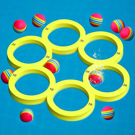 Hiboom Pool Game with Score, Combo Foam Pool Floats with 10 Colorful Tossing Balls, Toss Game Swimming Party Toys Accessories for Family Par, Dive Rings(Round,Yellow)