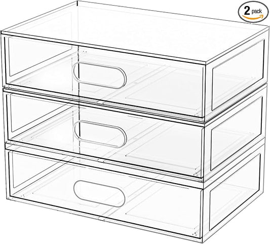 Clear Stackable Makeup Organizer with Drawer, 12''W Acrylic Storage Drawers, Cosmetic Display Case for Vanity Bathroom Countertop, Beauty Holder for Lipstick Brush Skincare Perfume (3 Tier)