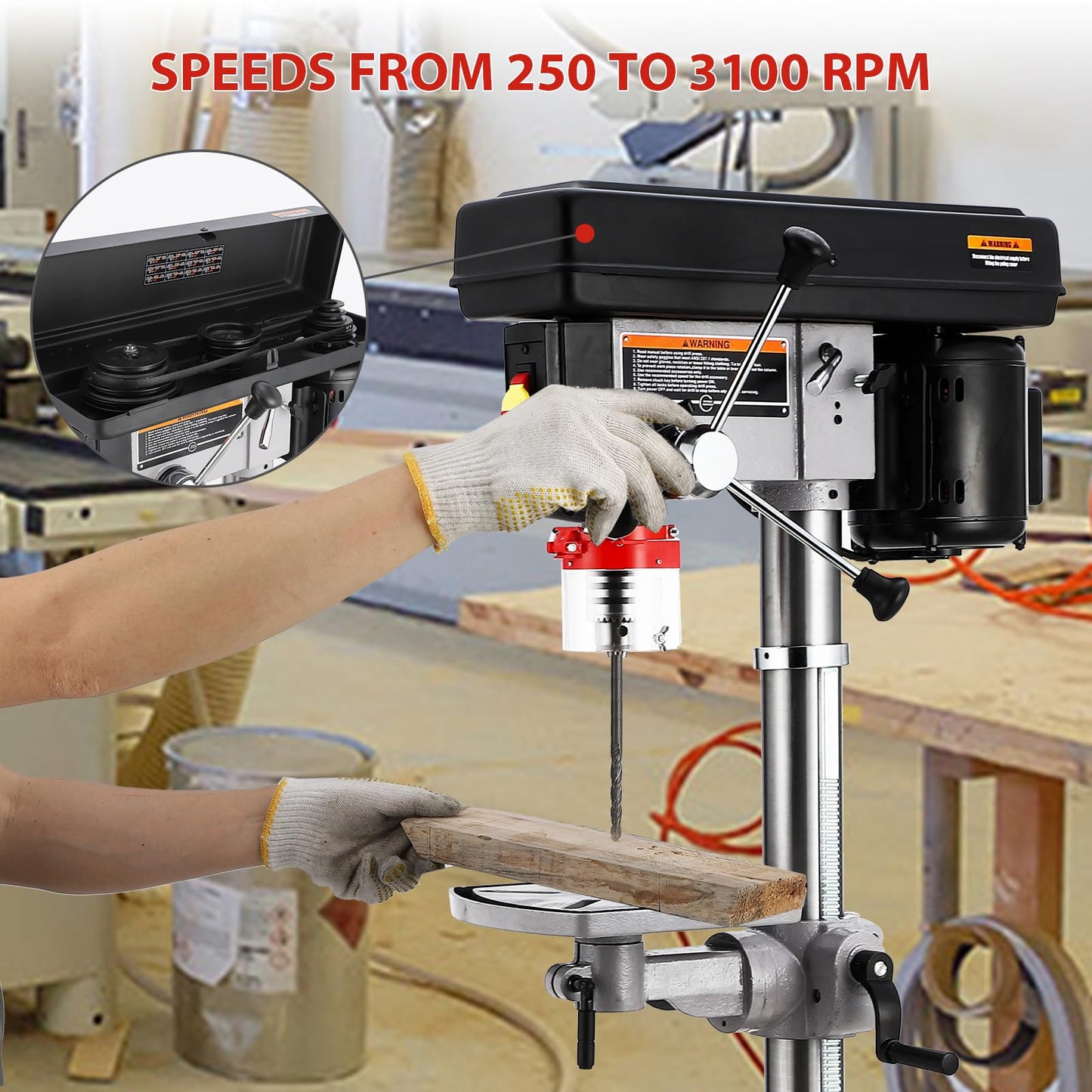 13 in Floor Drill Press, 7.5 Amp 120V, 288-3084 RPM Variable Speed Cast Iron Bench Drill Press, 0-45° Tilting Worktable, Tabletop Drilling Machine for Wood Metal