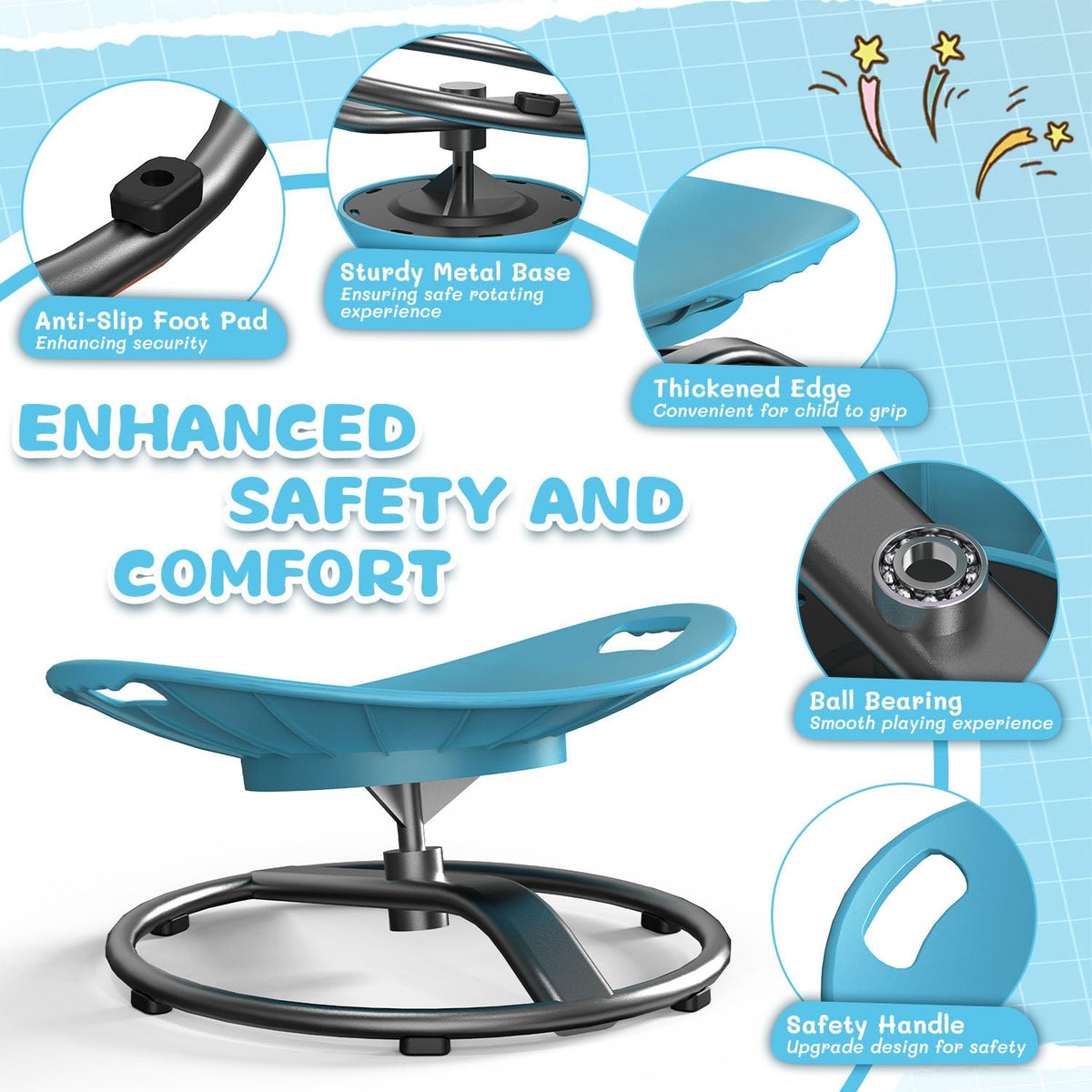 pozoera Spinning Chair for Autistic Kids - Sensory Spinning Chair with Safety Handle & Non-Slip Design Sensory Toys for Kids with Autism(Blue)