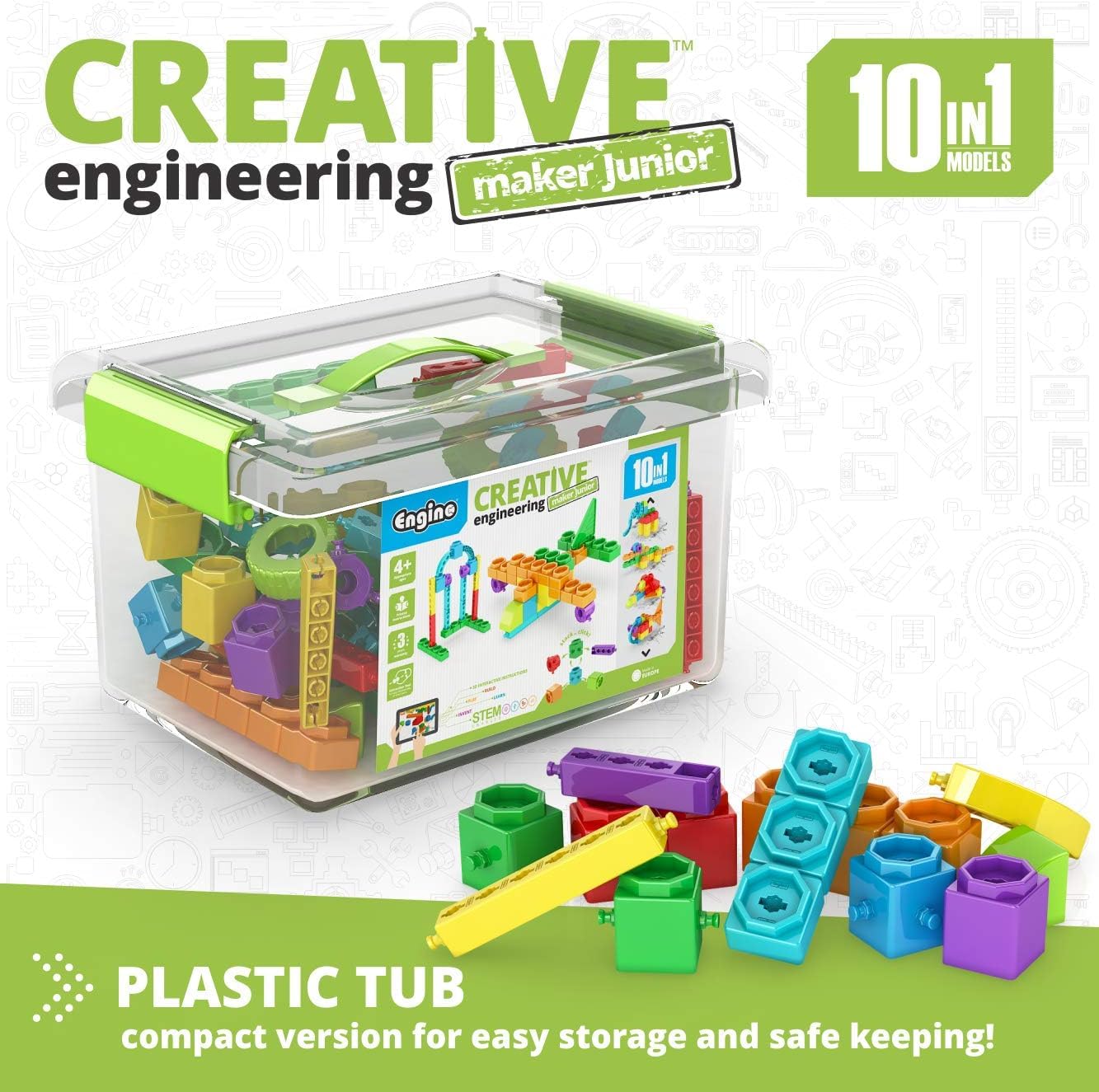 Engino STEAM Maker Junior- 10 Model Set, Stackable Building Blocks for Kids 4+, STEM Building Toys, Engineering Kit for Young Inventors, Educational Toys, Gift for Boys & Girls
