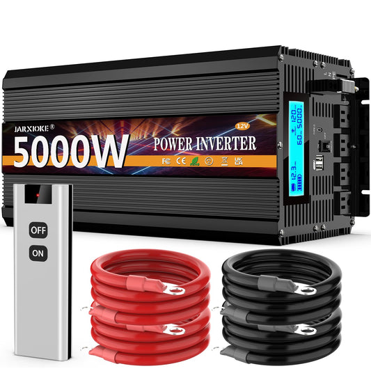 5000 Watt Power Inverter 12V DC to 110V 120V Converter for Family RV Off Grid Solar System Car with Type-C Ports 3 AC Power Outlets Dual USB Ports LCD Display Wireless Remote Control