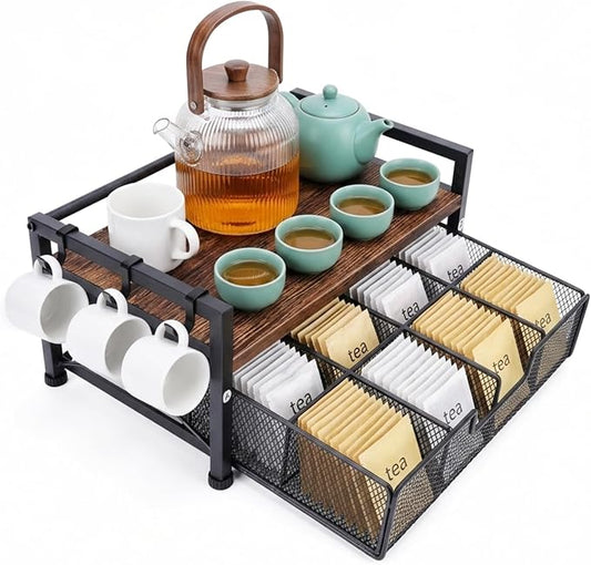 Tea Bag Organizer, Teabag Holder with Storage Drawer, Wood Tea Organizers and Storage Chest, Tea Station Chest Display Container Box for Countertop Kitchen (Rustic Brown)