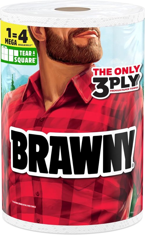 Brawny Tear-A-Square 3-Ply Paper Towels - Strong & Absorbent Mega Roll (2 Regular Rolls)