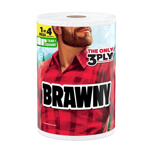 Brawny Tear-A-Square 3-Ply Paper Towels, 1 Mega Roll = 2 Regular Rolls, Strong, Absorbent, and Durable with 3 Sheet Sizes (Quarter, Half, Full)