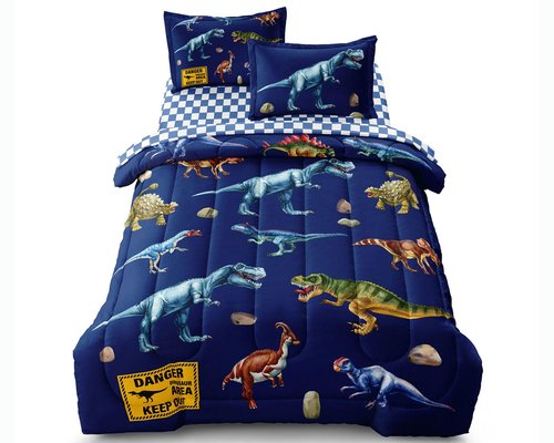 Leaflin Kid Twin Comforter Set - 5 Piece Dinosaur Bedding Set for Boys/Girls - Super Soft Microfiber Bed in a Bag with Comforter, Sheets, Pillowcase, Blue
