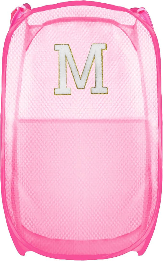 Collapsible Pop Up Laundry Hamper, Extra Large with Removable Initial Letter M, Mesh Foldable Laundry Basket, 28" x 16" x 16" (Pink)