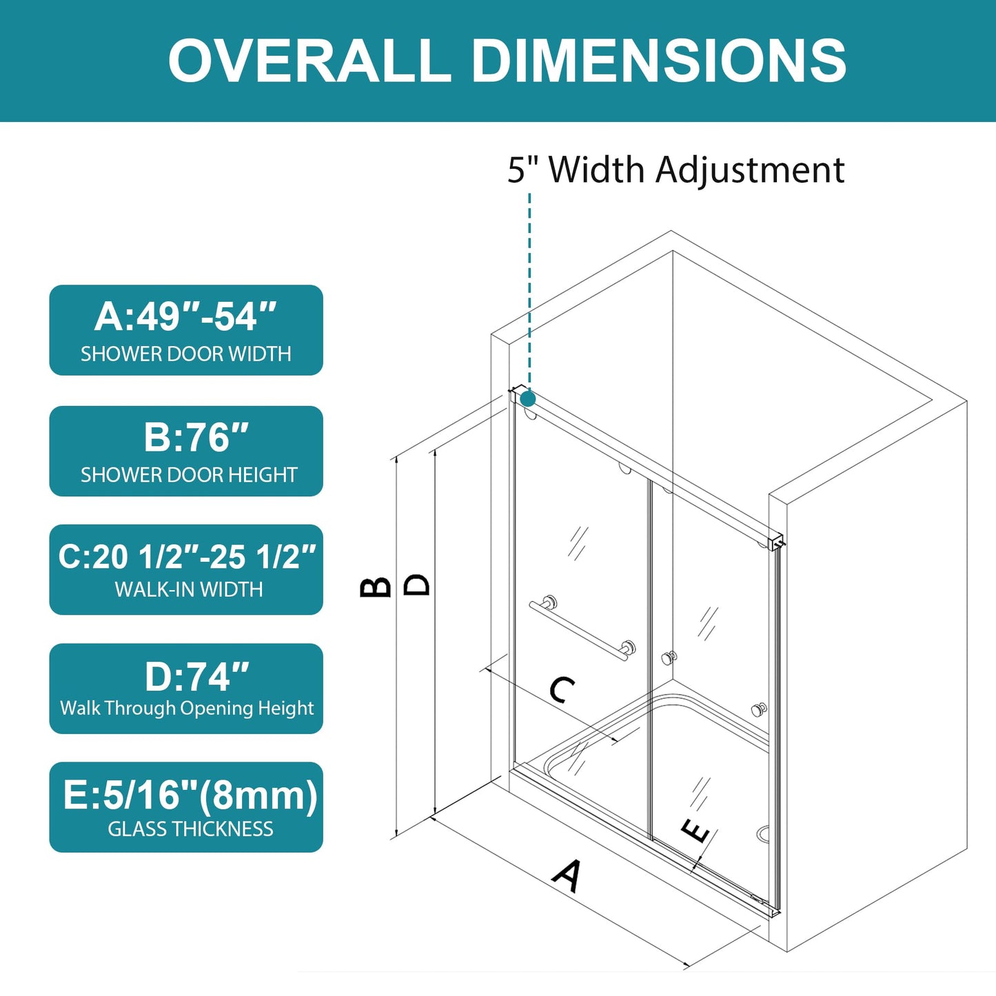 Frameless Shower Door with Soft-Close & Anti-Leak,5/16" (8mm) Double Sliding Shower Door,Nano Coating Anti-Explosion Film SGCC Tempered Glass 49"- 54" W x 76" H,Brushed Nickel