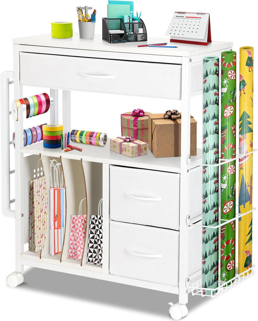 Vikua Gift Wrapping Cart - 3-Tier Portable Station with Ribbon & Bag Storage | Perfect for Christmas