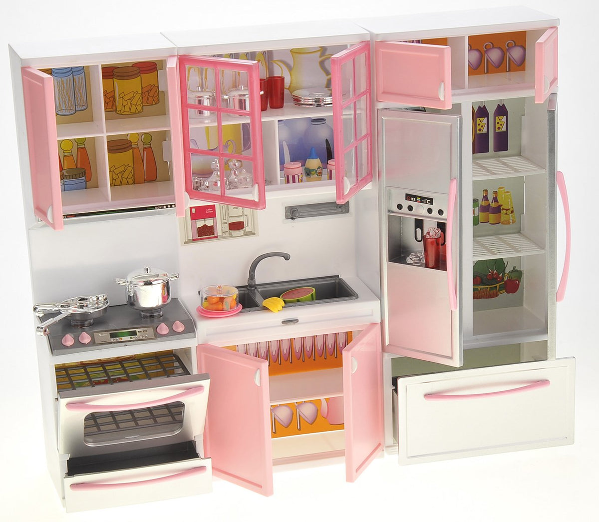 PowerTRC Doll Kitchen Play Set, Mini Modern Toy Pink Kitchen Pretend Play Furnitures Toy Set Accessories Set with Realistic Light & Sound for Kids Toddlers Girls (3-in-1)