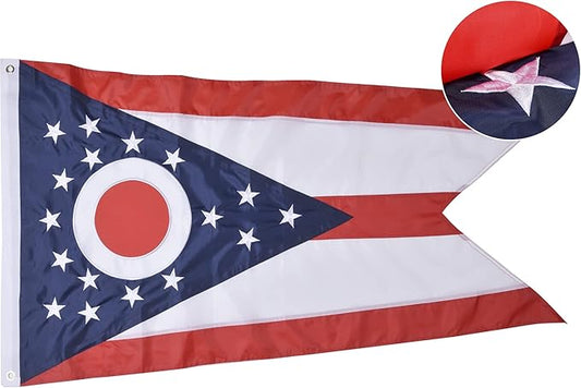 Ohio State Flag 6x10 Ft, Deluxe Full Embroidered Heavy Duty 100% Polyester Durable OH Outside Flags, Indoor/Outdoor, Sewn Stripes and Brass Grommets