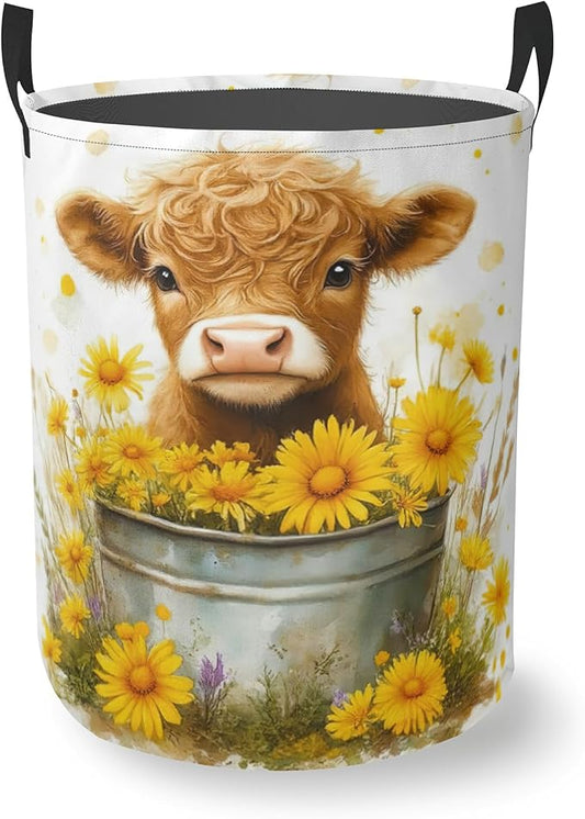 Cute Highland Cow Round Laundry Basket Collapsible Laundry Hamper with Handles Toys Clothes Organizer Bin For Home Bathroom Bedroom Dorm Nursery