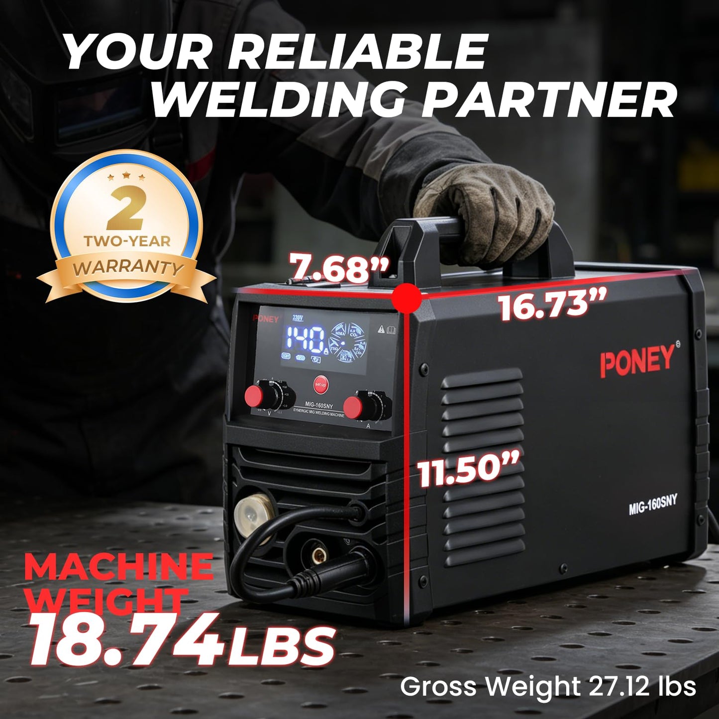 PONEY 140A MIG Welder 110V/220V Dual Voltage - 5 in 1 Portable Gasless MIG/MAG/FLUX/TIG/MMA Welding Machine with Synergic Control, IGBT Inverter & LED Display