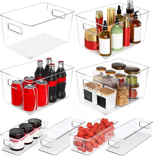 Clear Plastic Storage Bins 8 Pack - Versatile Pantry Organizers for Kitchen, Bathroom & Home
