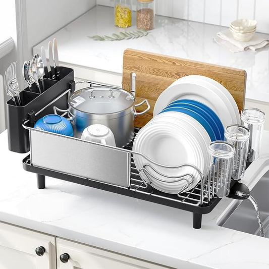 Urackify Stainless Steel Dish Drying Rack - Large Capacity Kitchen Counter Organizer with Drain Board, Utensil Holder & Detachable Cup Shelf, Surgical-Grade Rust-Proof Dish Drainer, Easy Assembly
