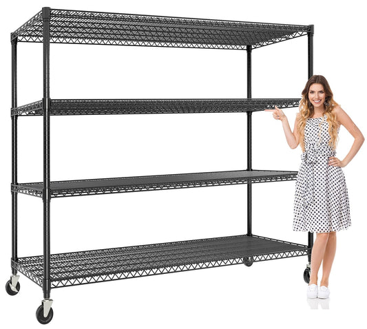 4-Tiers Storage Shelves 73" H Heavy Duty Metal Shelving with Wheels, 2640LBS Load Wire Shelving Rack Garage Shelves for Pantry Kitchen Industrial Warehouse Office, 59" W x 23.9" D