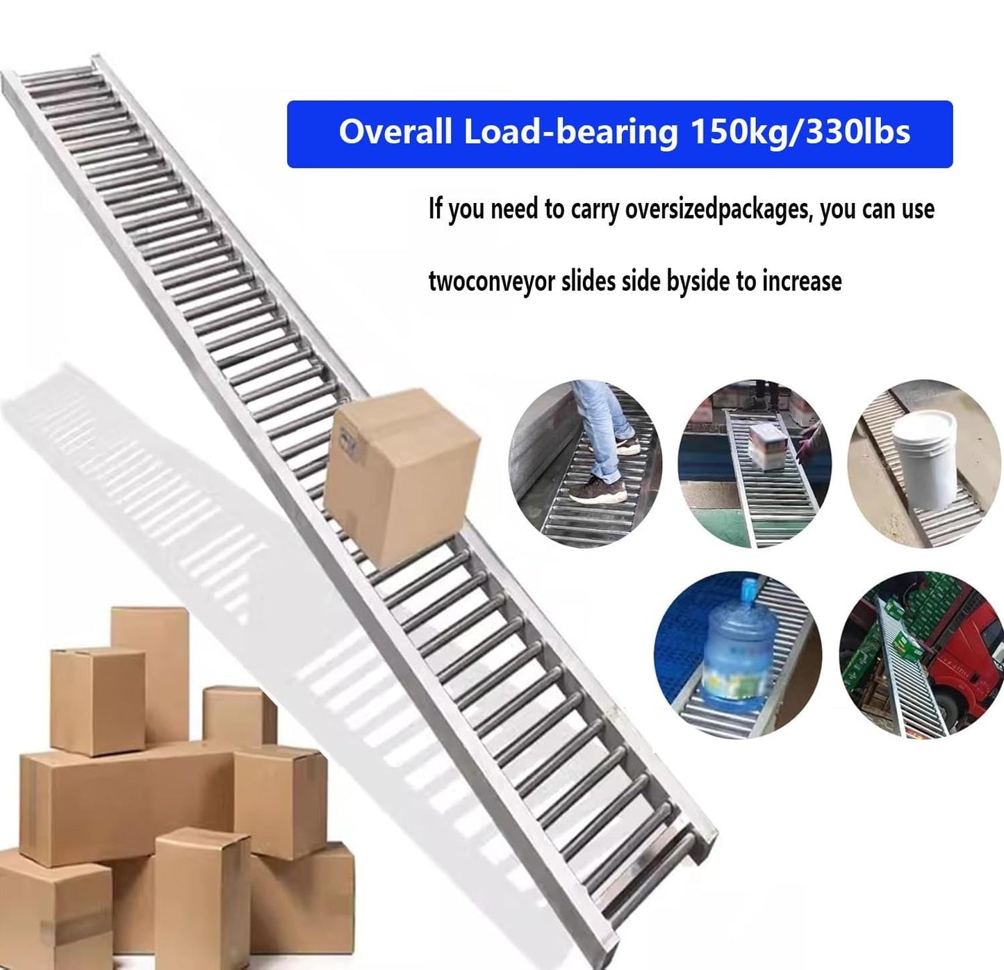 Heavy-Duty Portable Roller Conveyor Table, 30/40/50/60cm Wide, 330lbs Stainless Steel Frame, Foldable Flow Rail Rollers for Warehouse Freight Handling & Assembly Line (W 30cm, 2m/6.5ft)
