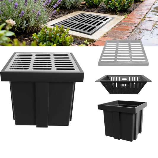 2 Pack Catch Basin with 304 Stainless Steel Grate, 18x18x15 in Large Drainage Catch with Debris Basket, French Drain Basin Without Reserved Hole for Yard, Downspout, Patio, Municipal Pipeline (2)