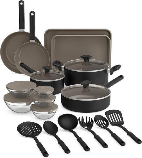 Bella 21-Piece Kitchen Set - EverGood™ Ceramic Nonstick Coating, Dishwasher & Oven Safe, Black