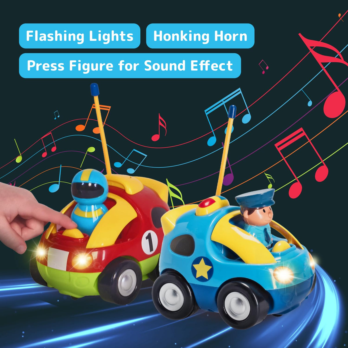 PREXTEX 2 Pack Cartoon Remote Control Cars for Toddlers - Police Car and Race Car with Steering Wheel Controllers and Lights - Different Frequencies Racing Together - Easter Toddler Gift 18+ Months