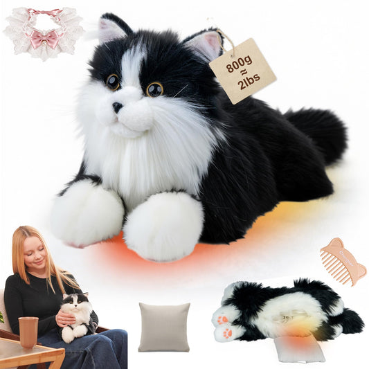 Chongker Microwavable & Weighted Stuffed Animals, 2 lbs Heated Stuffed Animal Cat Plushie with Removable Unscented Heating Pad for Belly Neck Shoulders, Plush Toys for Adults Children (White+Black)