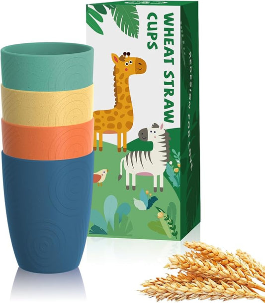 Homienly Plastic Cups Alternative Wheat Straw Drinking Glasses 4-Pack | 12 oz Unbreakable & Reusable Plastic Cups, Microwave Safe | Everyday Kids Tumblers & Kitchen Accessories (Multi-Color)