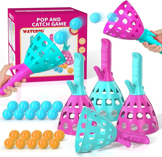 Pop Pass Catch Ball Game Set – 4 Launchers, 20 Balls, Toss and Catch Outdoor Toys for Kids Ages 3-8, Indoor Yard Beach Pool Game, Party Favor for Kids Adults
