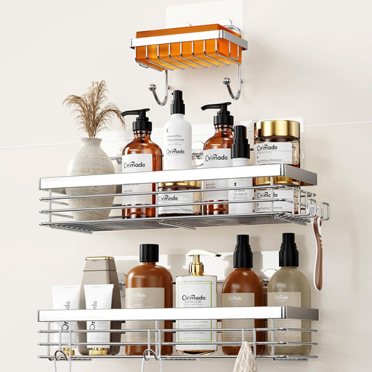 Orimade Shower Caddy | Wall-Mounted Soap Dish Holder with 5 Hooks - Stainless Steel, 3 Pack, Silver