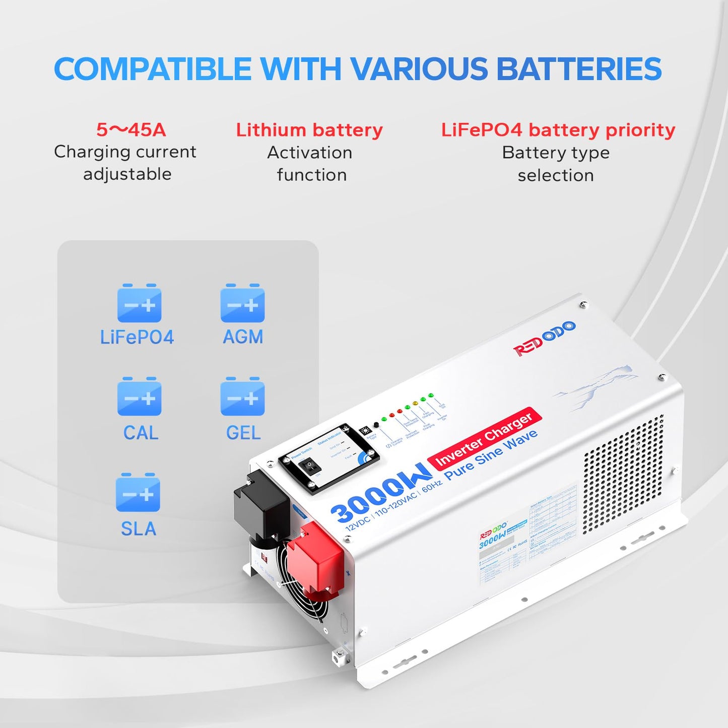 Redodo 3000W Pure Sine Wave Inverter Charger 12V DC to 120V AC Surge 9000W with Remote Control for Off-Grid, RV, Home Backup, Compatible with Lithium & Various Batteries