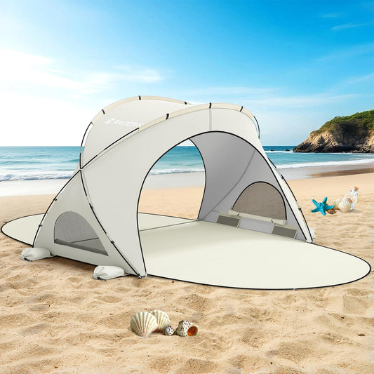 Raynesys Beach Tent Sun Shelter, Beach Shade Tent with UPF50+ UV Protection, Sun Shelter for 1-3 Person, Beaches Shade with 2 Zippered Doors, Portable Tents for Camping Fishing, Beige