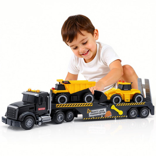 Construction Carrier Truck Toys,21" Semi-Trailer Toy with Excavator and Dump Toddler Boy Toys for 3 4 5 6 7 Years Kids Friction Powered Vehicle Car Toy with Lights & Sounds, Birthday for Boys Girls