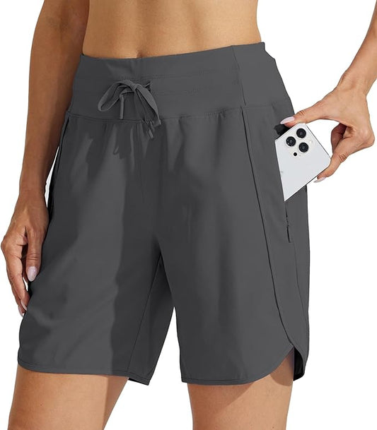 Willit Women's 7" Athletic Running Shorts Long Workout Hiking Shorts Quick Dry High Waisted Active Zipper Pocket(Large)