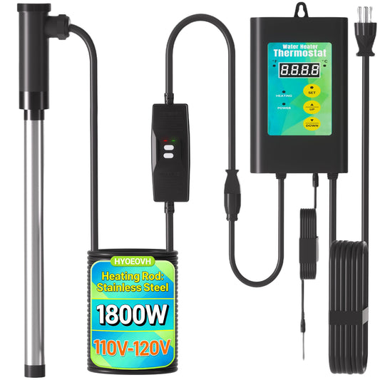 1800W Immersion Heater for Hot Tub, 304 Stainless Steel Submersible Immersion Heater with GFCI & Digital Thermostat, for Bathtub, Home SPA, Camping, Baptistery, Medium Stock Tank, Outdoor Use
