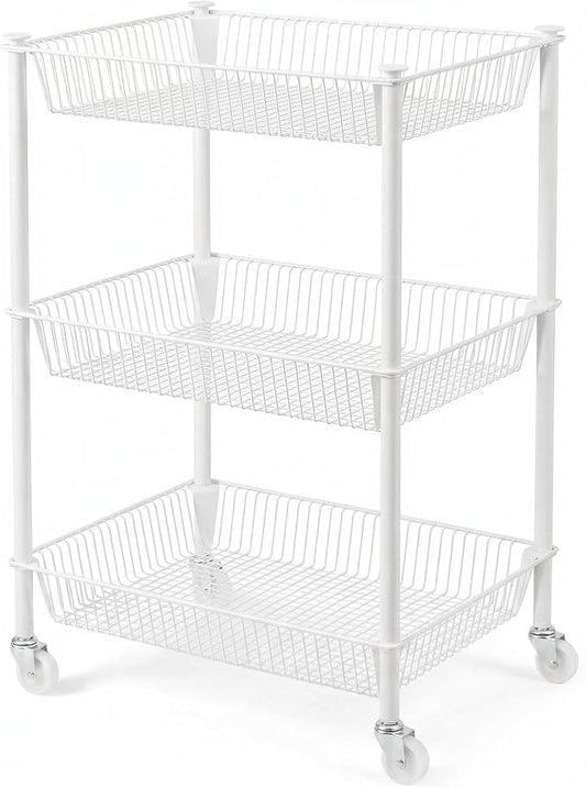 Kitchen Storage Cart for Fruit Vegetable 3 Tier Utility Cart with Wheels, White Rolling Pantry Floor Organizer Onion Potato Storage, Metal Wire Basket Stand Snack Shelf Home Organization